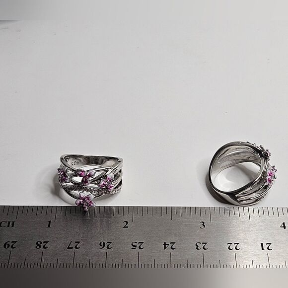 Pink Flower Clear White Diamond Ring on 925 Sterling Silver - Women's - Picture 7 of 7